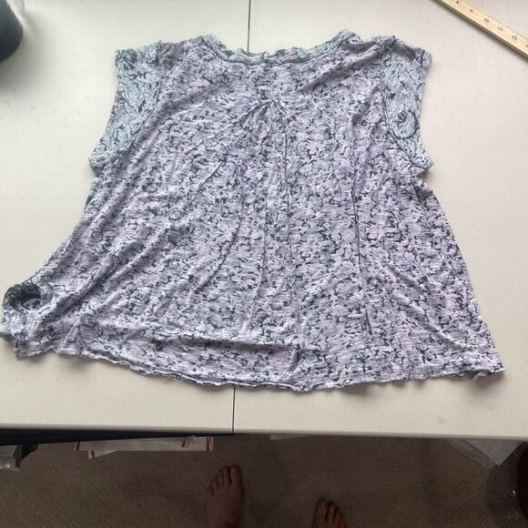 Free People T Shirt Oversized Dual Print Floral Blue Top Cap Sleeve Boxy XS Crew - Picture 14 of 16